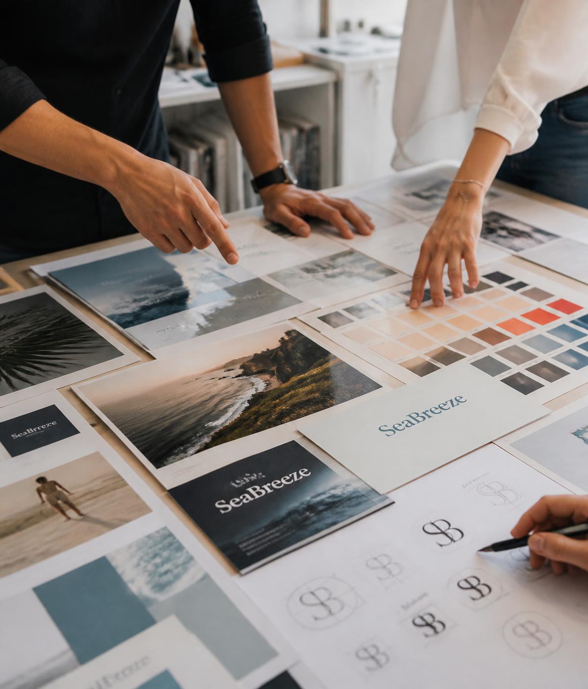 Brand strategy moodboard, colour swatches and printed collateral on an agency table
