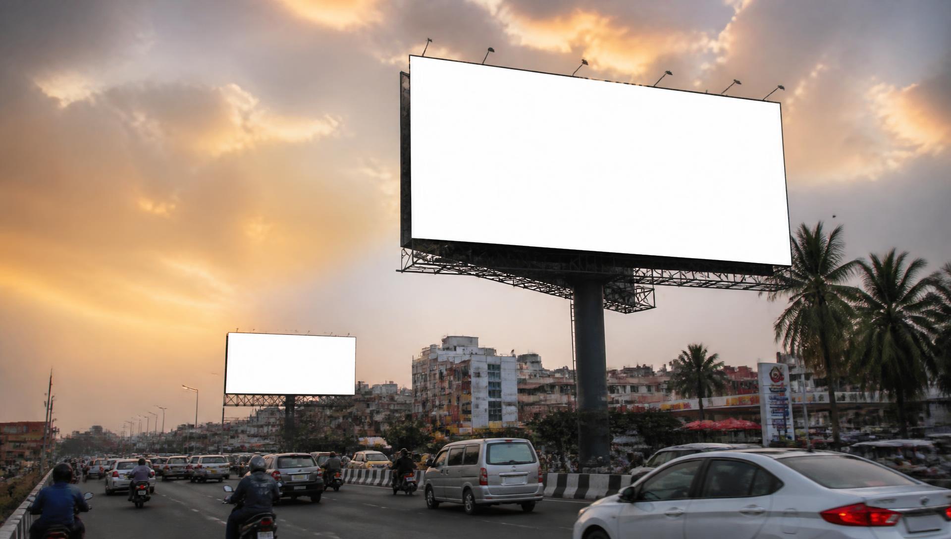 Large outdoor advertising hoardings above a busy city road at sunset